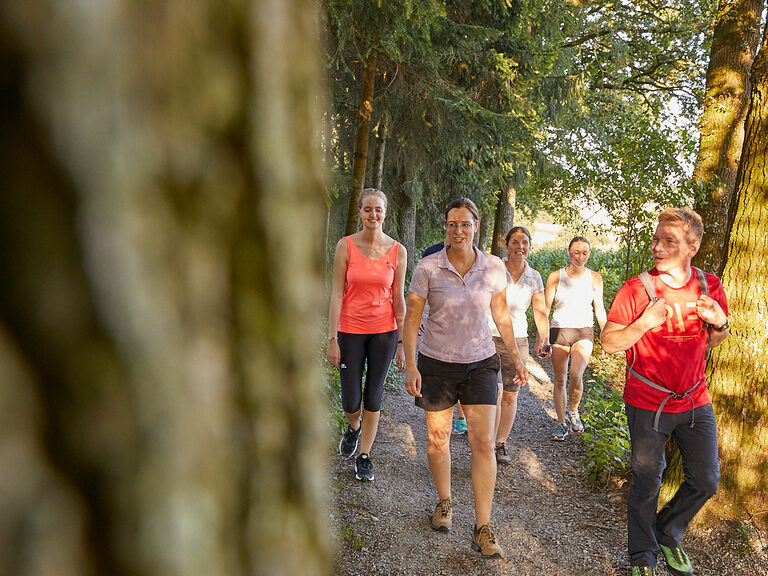 Eine Gruppe von Menschen genießt das Wandern bei Bad Griesbach auf einem idyllischen Waldweg.