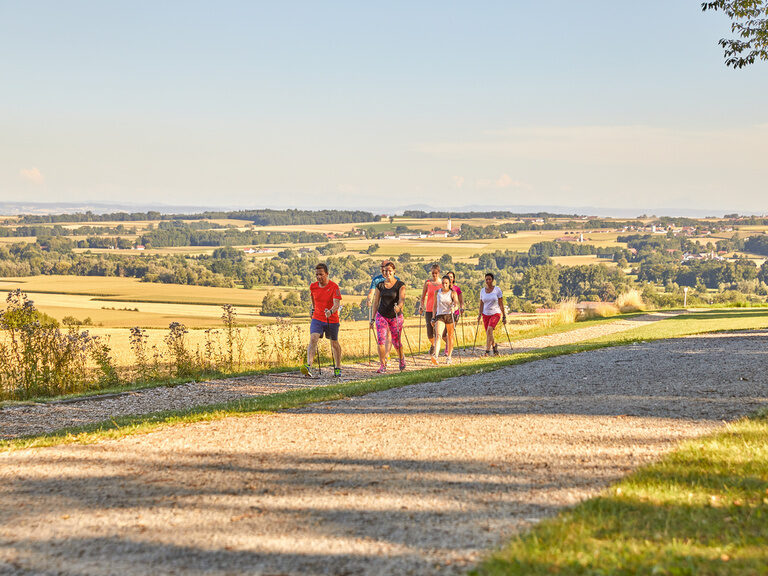 Gruppe von Nordic-Walkern in herrlicher Natur, passend für aktive Pausen bei einer Firmenfeier Location in Bayern.
