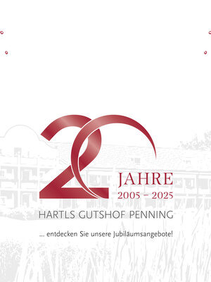 Jubiläumslogo mit der Zahl „20 Jahre“ und einer Feierlichkeit für den „Gutshof Penning“.